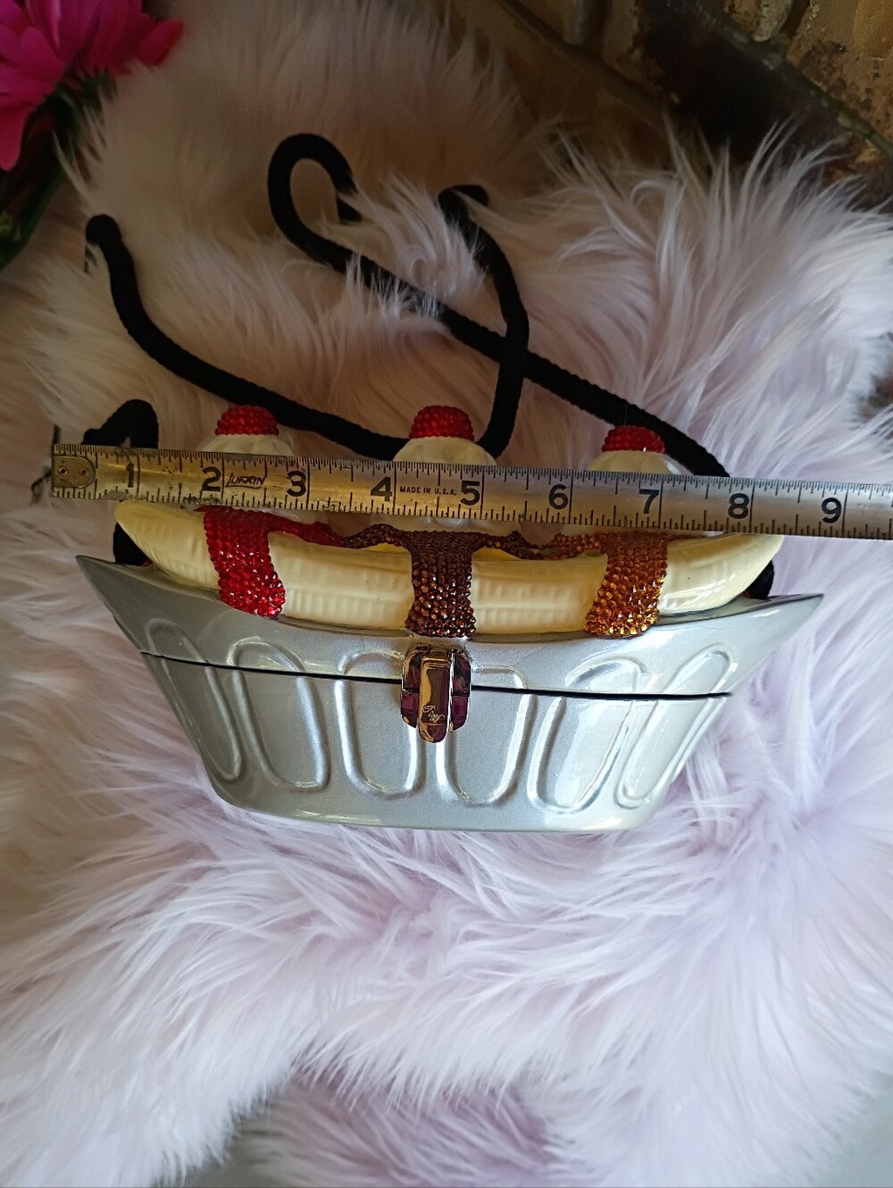 Wow! Rare NEW Timmy Woods Swarovski Crystal Wooden Banana Split Ice Cream Bag - Picture 15 of 16